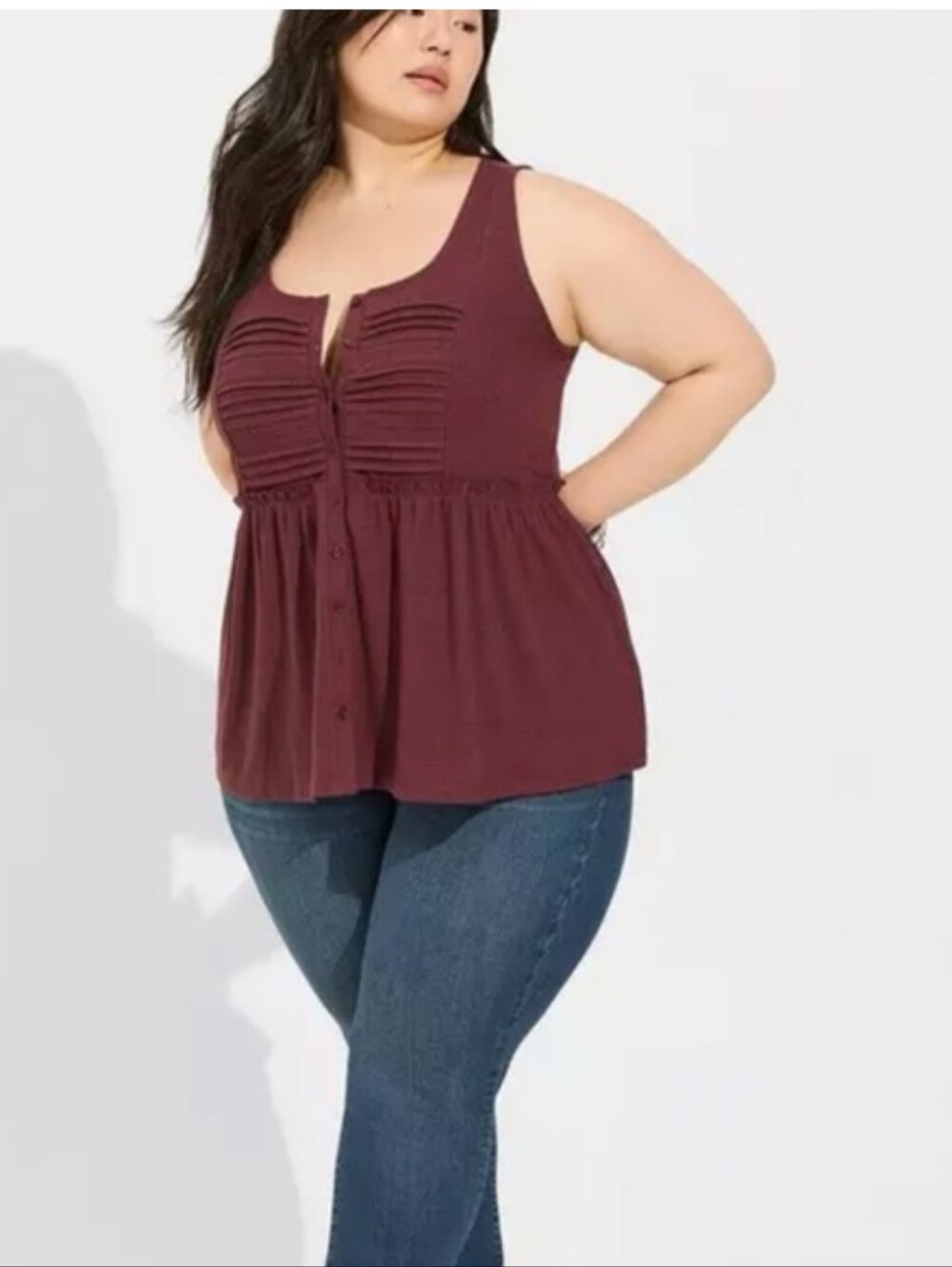 torrid Burgundy Button-Front Pintuck Tank